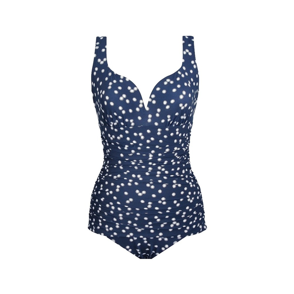 Miraclesuit Cherie Swimsuit Sz 12 Navy Dot One-Piece Tummy Control Ruched V-Neck